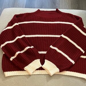 SHEIN Burgundy and White Striped Turtleneck Sweater